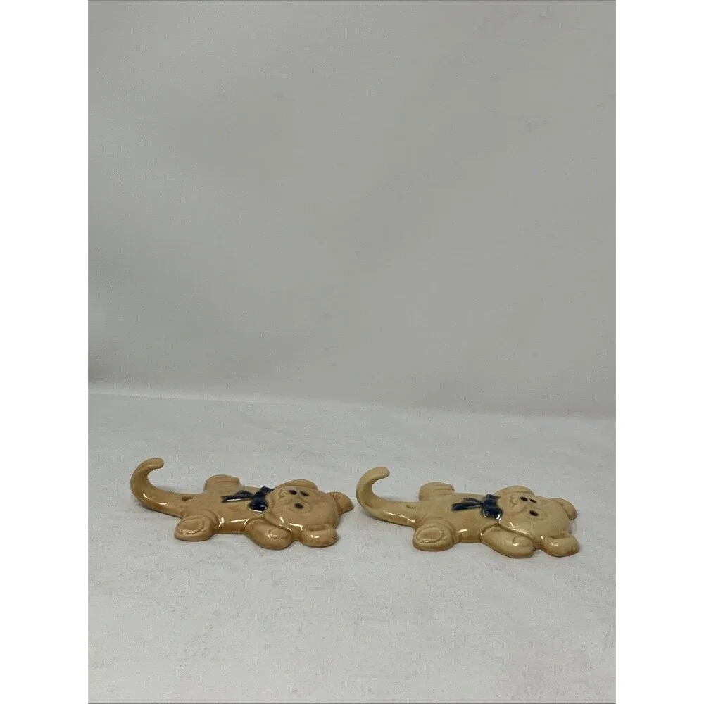 2 VTG Ceramic Teddy Bear w Blue Bow Wall Hook Hangers Set Baby Boy Nursery Beige